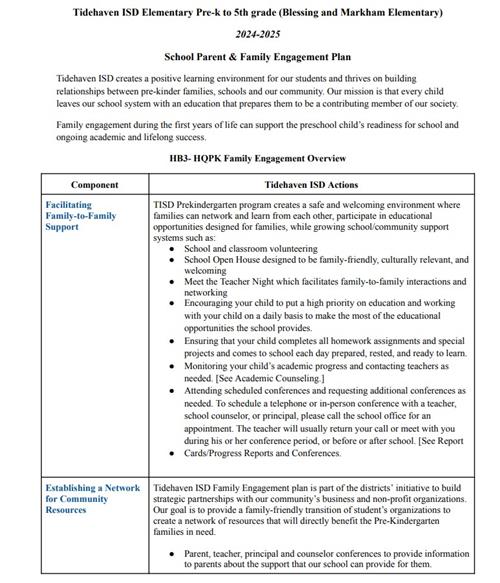 2024-2025 Tidehaven ISD Pre-K Family Engagement Plan